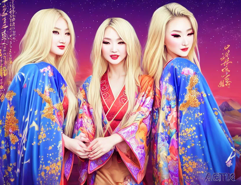 Image similar to two beautiful alluring blonde uighur girls wear fantasy kimono in festival | | sunny night, full moon, dreamlike art, realistic shaded, smile, good looking, hyper details, 4 k realistic, cryengine, realistic shaded lighting poster by artgerm, ross tran, fuji choko, 8 k resolution, trending on artstation, luxury