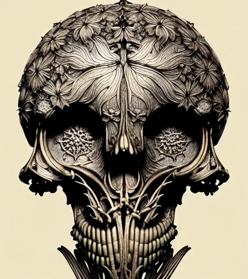 Image similar to art forms of nature by ernst haeckel, memento mori by arthur rackham, ornate antique porcelain beautiful skull mask, ultrasharp, photorealistic, hyperdetailed, octane render, polished, art nouveau, neo - gothic, gothic, intricate ornamental organic filigree, art nouveau botanicals, art forms of nature by ernst haeckel, horizontal symmetry, symbolist, visionary