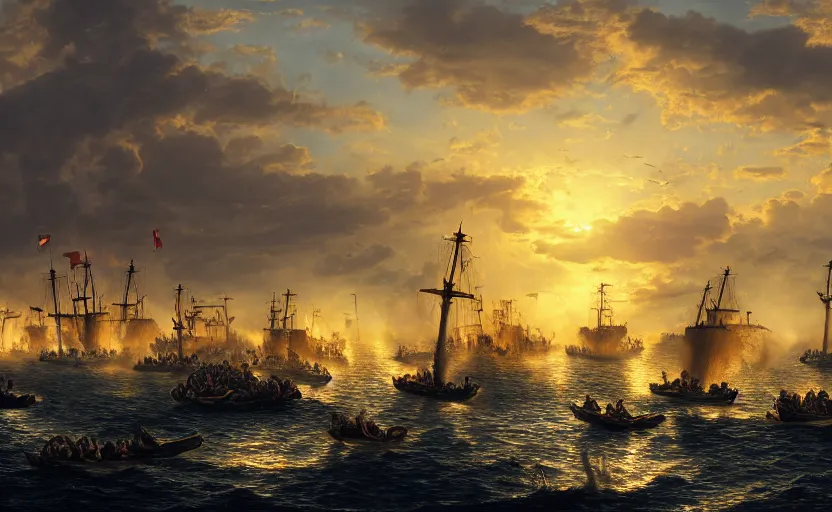 Image similar to the battle of salamis, photography, golden hour, extremely detailed, 4 k