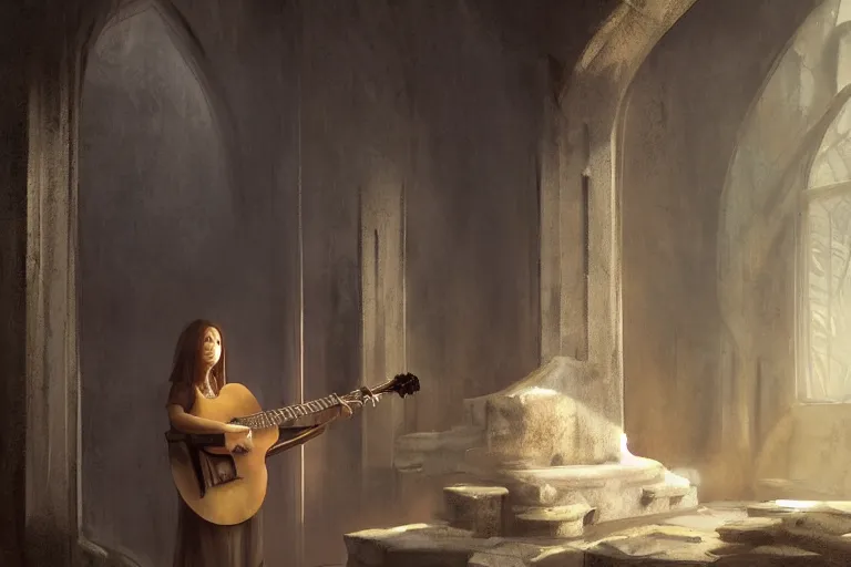 Prompt: an empty brutalist chamber, lonely, somber, a cursed lute, oud, guitar by brian froud leans against the wall alone, abandoned. a thin wisp of smoke rises from the lute. late afternoon lighting cinematic fantasy painting by jessica rossier