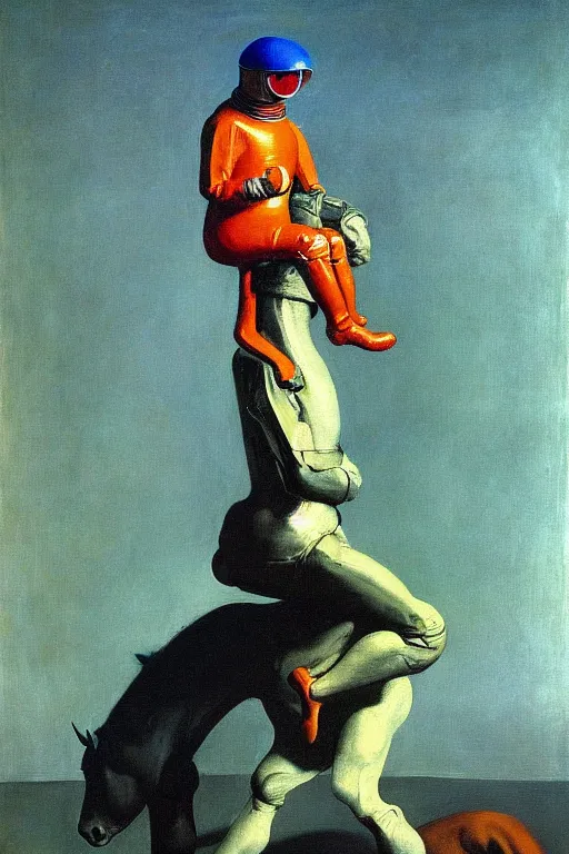 Image similar to a small man with a horse's head sits astride a man in an astronaut costume, hauntingly surreal, highly detailed painting by francis bacon, edward hopper, adrian ghenie, gerhard richter, and james jean soft light 4 k,