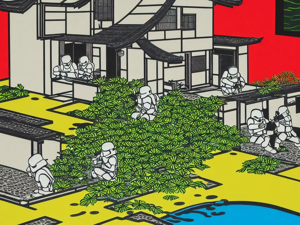 Image similar to detailed close - up image of the japanese home with a garden and a pond, 2 stormtroopers sitting around it, pop - art style, jacky tsai style, andy warhol style, roy lichtenstein style, rich palette, acrylic on canvas