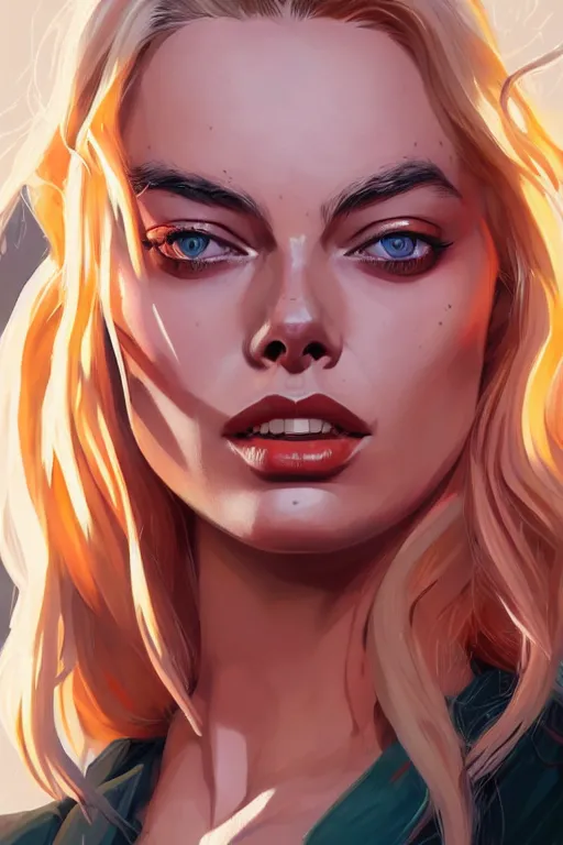 Image similar to margot robbie, manga cover art, detailed color portrait, artstation trending, 8 k, greg rutkowski