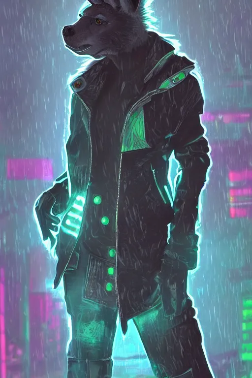 Image similar to digital painting of anthromorphic hyena female, fursona, furry fandom, neon rainy cyberpunk setting, anthro, wearing cyberpunk leather jacket, detailed face,