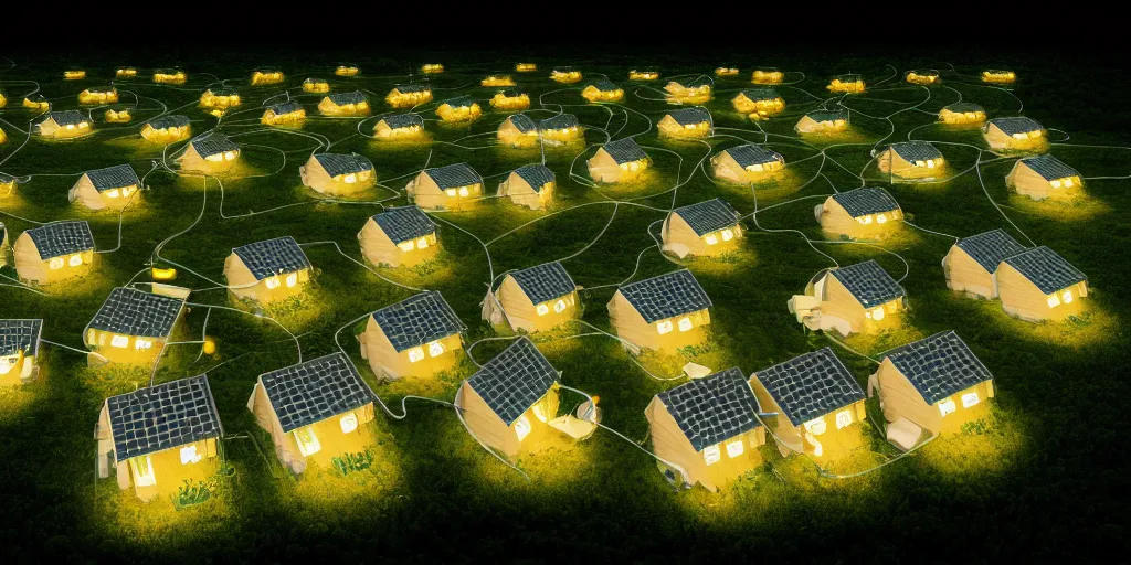 Prompt: connected ecovillage houses with solrarroofs, very bee and cow is flying around - plant goddess high quality photo, microchip, artificial intelligence, bio - mechanical bio - luminescence, black wired cables, neurons, nerve cells, cinematic, rim light, photo - realistic, elegant, high detail, 8 k, in the style of man ray