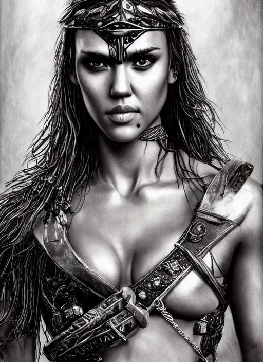 Image similar to jessica alba as a barbarian warrior, legendary warrior, tattoos, piercings, fur and leather armor, beautiful, realistically detailed shading, 8 k, hyper realistic art, photo realism, robin eley, deviantart