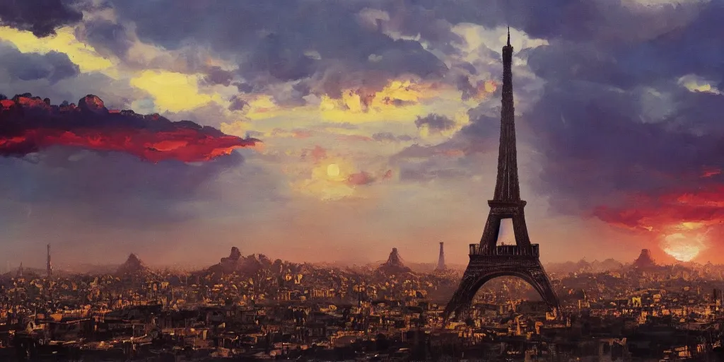 Prompt: eiffel tower in post apocalyptic egypt , moody sunset and dramatic sky , oil painting by frazetta, low angle,wide angle, cinemascope panorama