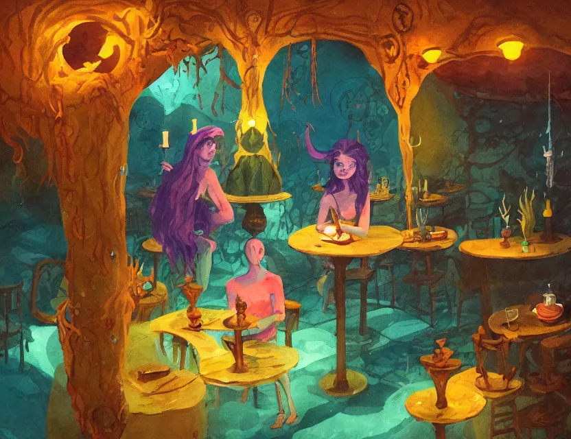 Image similar to witch in an underwater cafe. complementary colors, gouache, indie concept art, bloom, chiaroscuro, backlighting, intricate details.