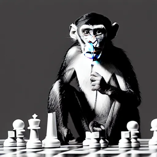 Image similar to black and white portrait photo of a monkey scratching his head, looking at a chess board, confused, annie liebovitz,