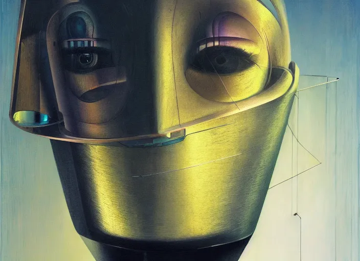 Image similar to a portrait headshot of sci fi metallic human, bright eyes, melancholic complex geometric figure liminal machinery by oskar schlemmer, moebius, john berkey, teamlab, oil on canvas, portrait facial head, featured on artstation, hd wallpaper