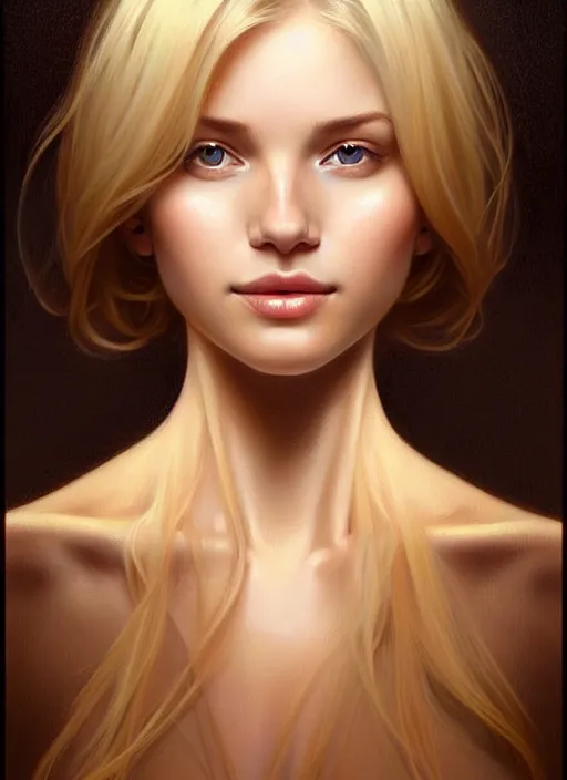 Prompt: beautiful feminine face!! portrait of young wife blessed by god with ever - increasing physical mental perfection, blonde, symmetrical! intricate, sensual features, highly detailed, divine holy perfection!! smile, digital painting, artstation, concept art, smooth, sharp focus, illustration, art by artgerm and greg rutkowski and alphonse mucha