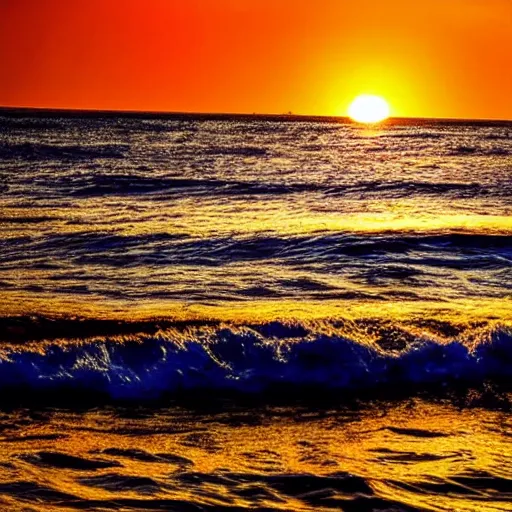 Image similar to sunset on the ocean, black sky, sky is black, sun setting in a dark sky, water is golden, gold ocean, sunset with dark sky and gold water