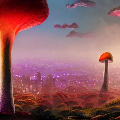 Prompt: a giant, nightmarish mushroom looking over an exotic city on the horizon, a mushroom forest, a red and purple mist filled with eyes