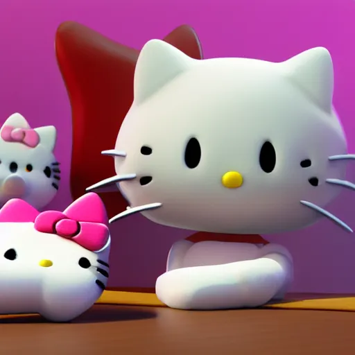 Image similar to Hello Kitty petting a real cat, 3D render, high detail