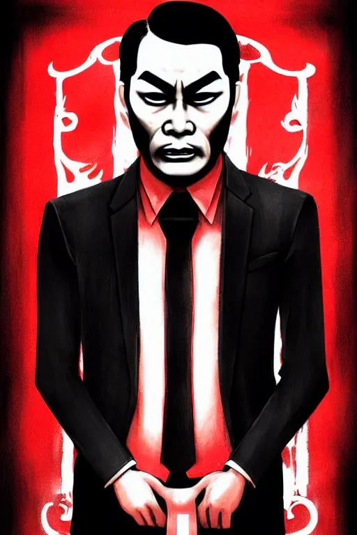 Prompt: chinnese mafia, with black suit and red tissue, some of leader have dragon tatto. digital art, concept art, pop art, bioshock art style, accurate, detailed, gta chinatown art style, dynamic, face features, body features, proportional, ultra realistic, smooth, sharp focus, art by richard hamilton and mimmo rottela