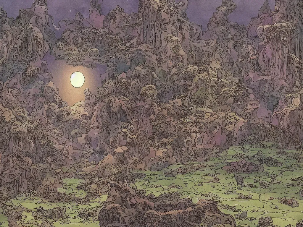 Image similar to fantasy landscape made by moebius with a 8 eyed humanoid god dealing cards over a medieval field