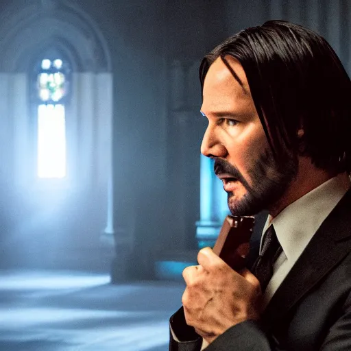 Image similar to cinematic still of John Wick singing on stage holding a Bible in John Wick (2009). loud singing. church choir behind. heavenly lighting. shallow depth of field, cinematic