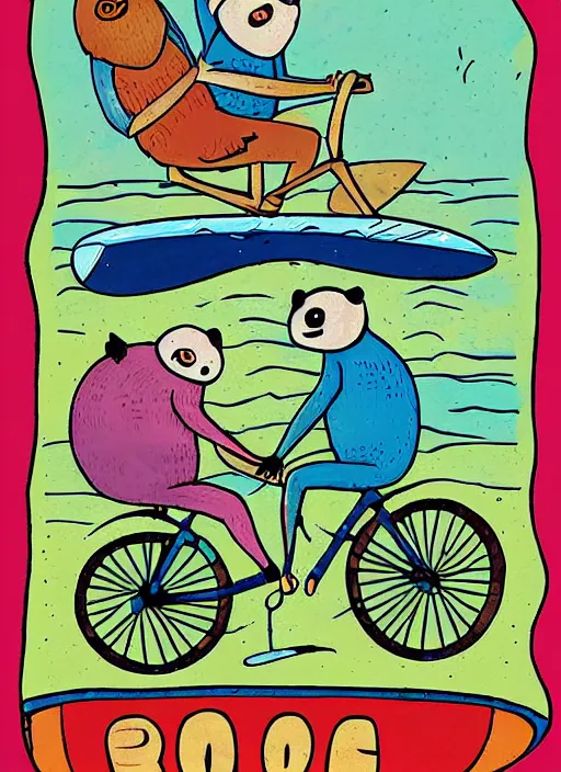 Image similar to a couple of sloths riding a bike with a surfboard, by tim biskup, tom bonson folk art, whimsical, storybook illustration