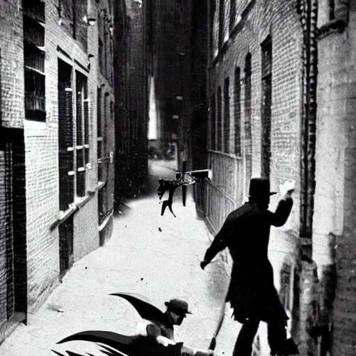 Prompt: old black and white photo, 1 9 2 5, depicting batman fighting a al capone in an alley of new york city, rule of thirds, historical record