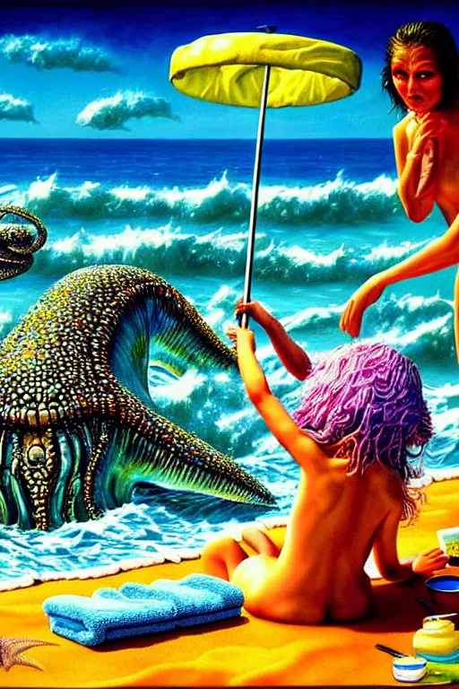 Image similar to a hyperrealistic painting of a sea creature monster washing up on the beach while people are laying on towels with umbrellas, cinematic horror by chris cunningham, lisa frank, richard corben, highly detailed, vivid color,