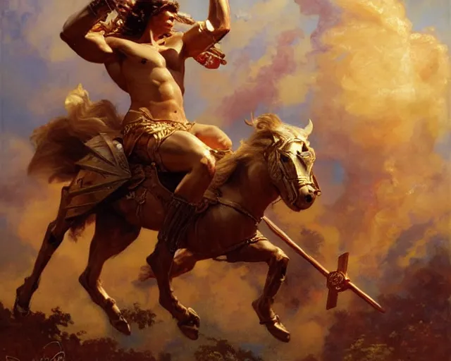 Image similar to attractive apollo greek god, riding his fire chariot. highly detailed painting by gaston bussiere, craig mullins, j. c. leyendecker 8 k