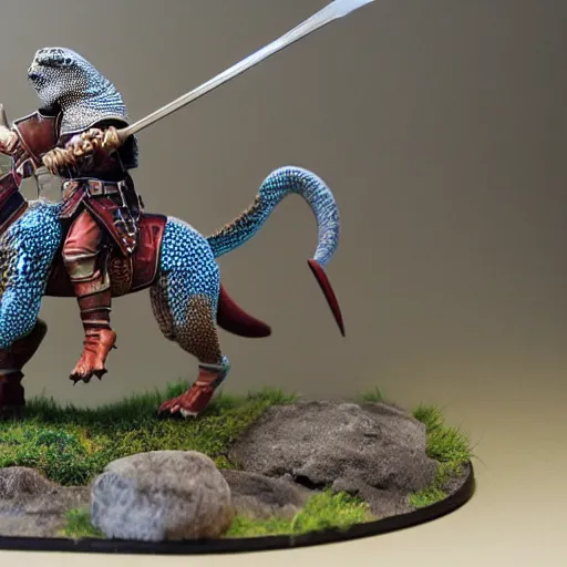 Prompt: A medieval knight riding on a giant leopard gecko towards the camera, 4k, painted wargaming miniature