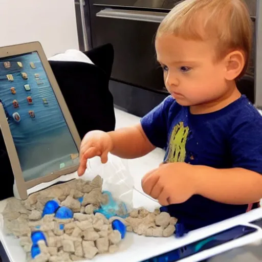 Prompt: Toddler buying 100kg of cocaine on Ipad. Kilos of cocaine in the background