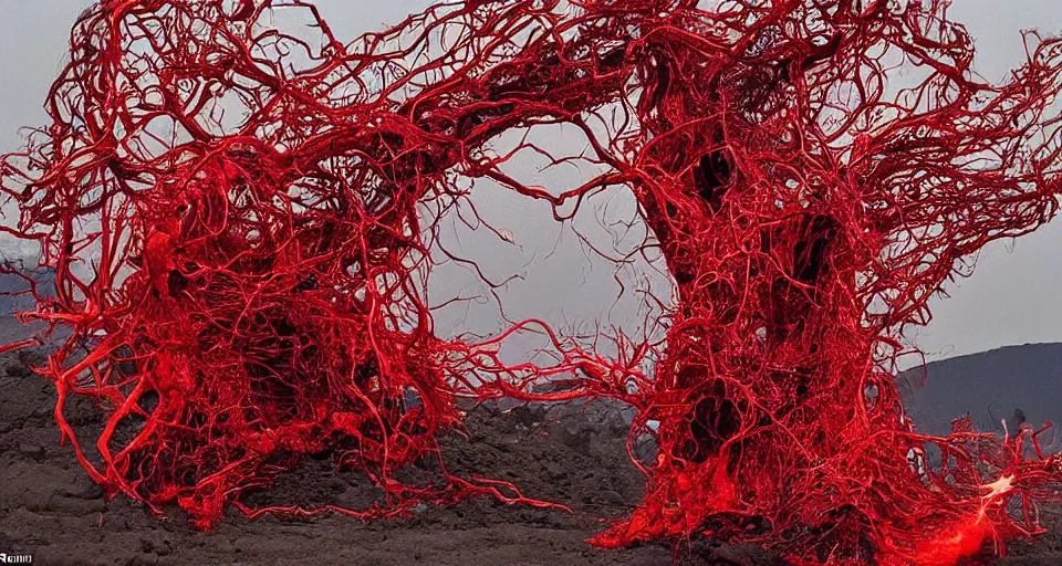 Image similar to a volcano made of ivory vines and crimson rocks enters in eruption, it spits a smoke in the shape of demonic eye, by Zeng Fanzhi