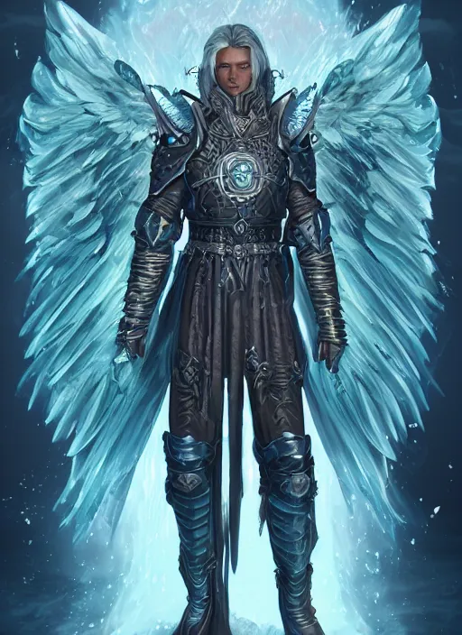 Image similar to An epic fantastic realism comic book style portrait painting of a male hexblade warlock aasimar, beautiful angel wings, teal energy surrounding body, silver hair, middle aged, Apex Legends Concept Art, unreal 5, DAZ, hyperrealistic, octane render, cosplay, RPG portrait, dynamic lighting