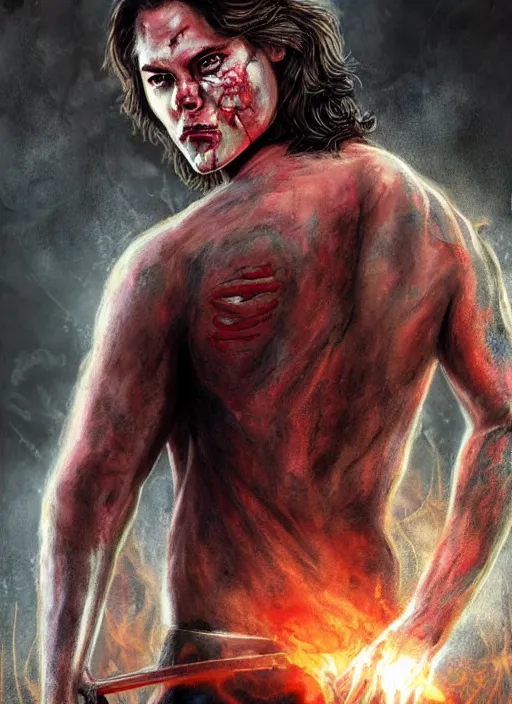 Prompt: Sam Winchester as a muscular half-blood werewolf with religious tattoos on chest and neck, stained and bleeding, magic overlays, magic flames, open portal with runes in the background, romance book cover style, D&D illustration style, (octane render) fantasy style, sharp focus, ultra detailed, art by Artgerm and Peter Andrew Jones, Ayami Kojima, Amano and Olivier Ledroit