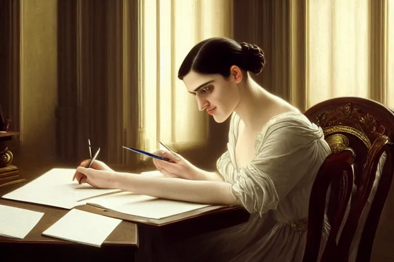 Prompt: georgian katie mcgrath writing at her desk by vittorio reggianini, bright lighting, perfectly detailed eyes, beautiful hands, pale skin, clear face