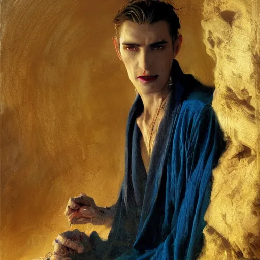 Prompt: detailed cinematic wide shot of beautiful attractive vampire man slim face symettrical face clean skin blue eyes black robe smooth, sharp focus, ultra realistic, spring light, painting by gaston bussiere, craig mullins, j. c. leyendecker