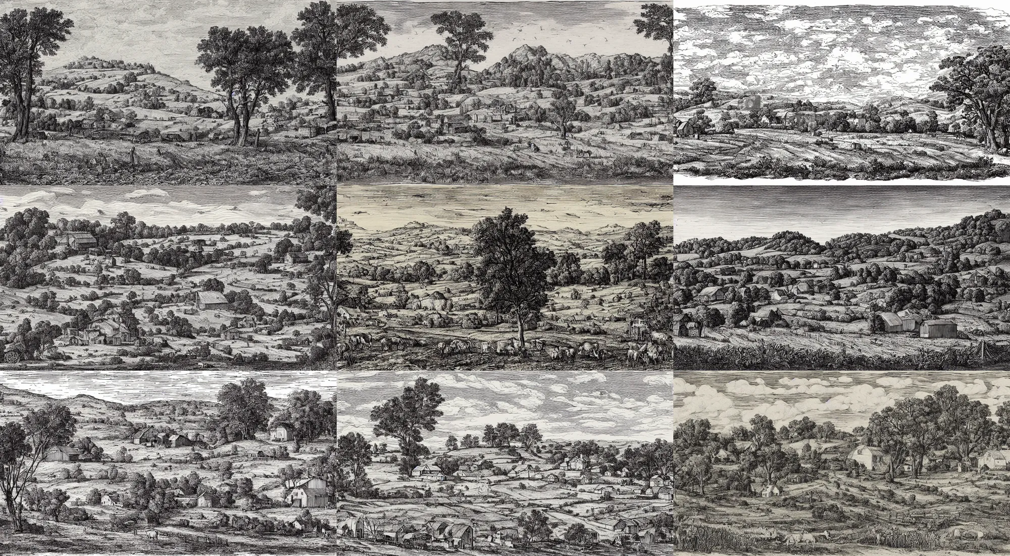 Prompt: Rural landscape with a farm in engraving style, Hand drawn Illustration