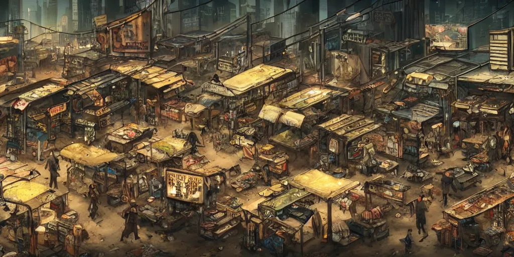 Prompt: a gritty cyberpunk marketplace in the middle of a dystopian wasteland during a plague of locusts