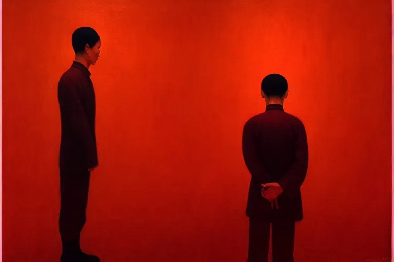 Image similar to a uyghur prisoner, in the style of beksinski, parts by edward hopper, parts by rodcenko, parts by yue minjun, intricate and epic composition, symmetrical, red by caravaggio, insanely quality, highly detailed, masterpiece, red light, artstation, 4 k