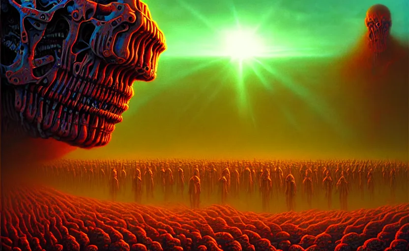 Image similar to cyborg army invading hell by dan mumford and zdzisław beksinski, fine details, digital art, volumetric lighting, cinematic light, photorealistic