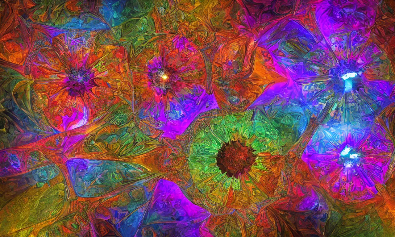 Image similar to voronoi engine laboratory 3 d volume kaleidoscope mandala fractal chakra digital multicolor stylized concept substance liquid nebula stone, a spectacular view cinematic rays of sunlight comic book illustration, by john kirby radiating a glowing aura global illumination ray tracing hdr depth fog overlay multiply photoshop layer