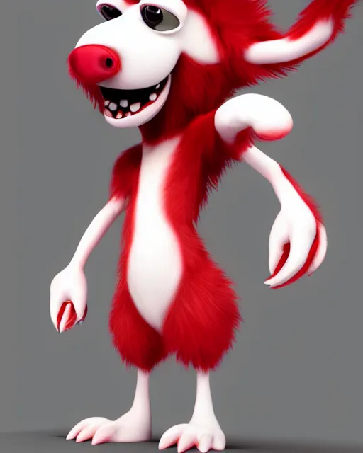 Image similar to 3 d render of completely red hairy friendly antropomorphic cartoony creature wearing white ray - ban shades, full body, simple, smiling, cute, white background, unreal engine 5 hdr