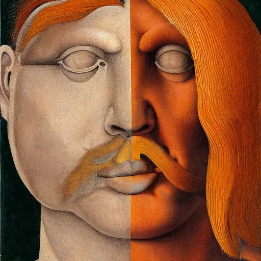 Prompt: a painting of a man with orange hair, a surrealist painting by andrea mantegna, featured on behance, renaissance, da vinci, pre - raphaelite, surrealist