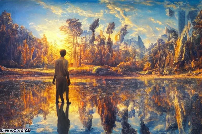 Prompt: homo sapiens, fantasy, painting, chrome, reflect, ultra realistic!!!, clear weather, golden hour, sharp focus