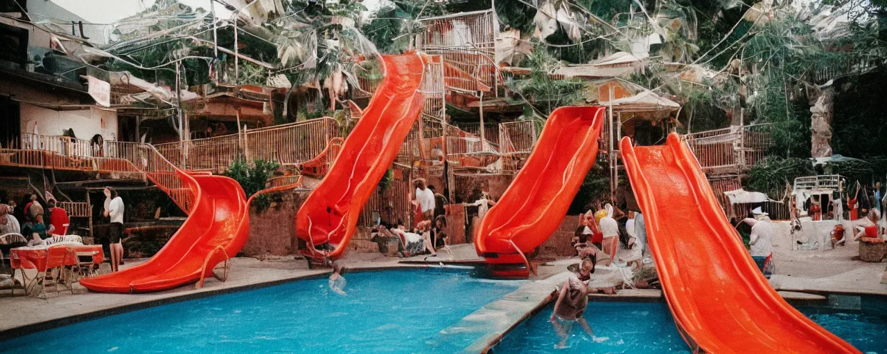 Image similar to a pool filled with spaghetti, marinara sauce coming down a slide, party, canon 5 0 mm, cinematic lighting, photography, retro, film, kodachrome