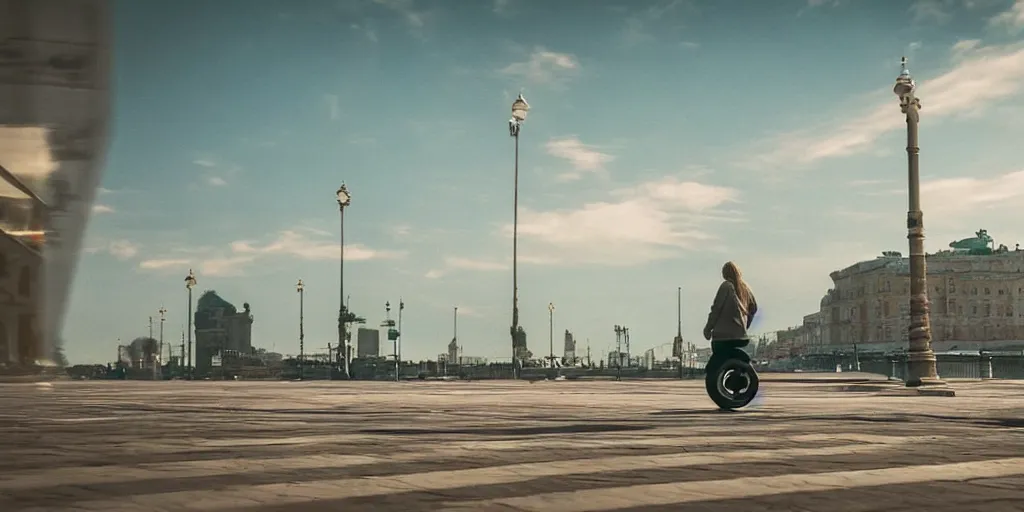 Image similar to cinematic street shot of a hoverboard flying floating city saint petersburg city, telephoto, anamorphic cinematography, beautiful composition, color theory, leading lines, photorealistic, moody volumetric lighting