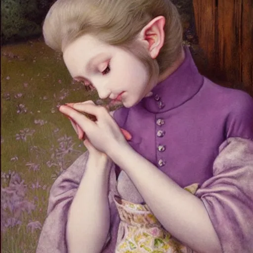 Prompt: little elf, purple tunic, soft hair. light color palate, detailed soft painting, ayami kojima, anatomically correct, inspired in balthus