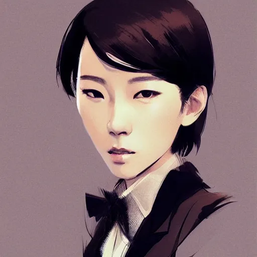 Image similar to portrait of a beautiful korean girl wearing a men's tuxedo, with short messy hair, men's haircut, angular features, angry expression, dramatic lighting, illustration by Greg rutkowski, yoji shinkawa, 4k, digital art, concept art, trending on artstation