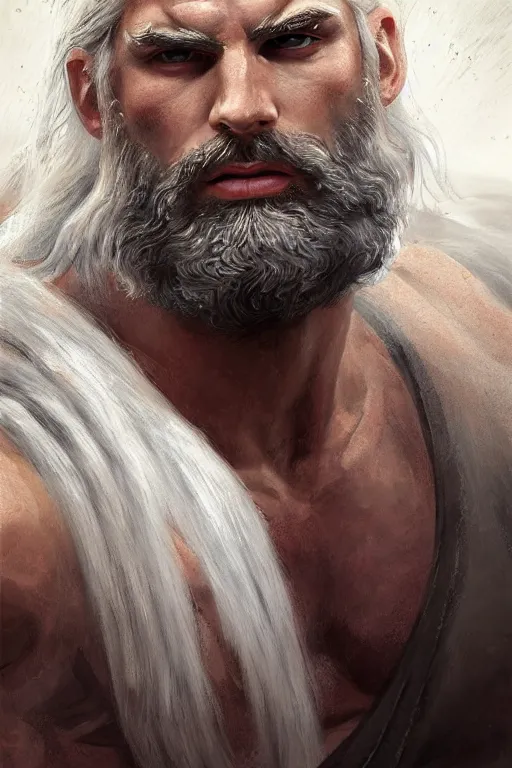 Image similar to painted portrait of rugged zeus, god of thunder, greek god, white hair, masculine, powerful, handsome, upper body, white robe, muscular, hairy torso, fantasy, intricate, elegant, highly detailed, digital painting, artstation, concept art, smooth, sharp focus, illustration, art by gaston bussiere and magali villeneuve