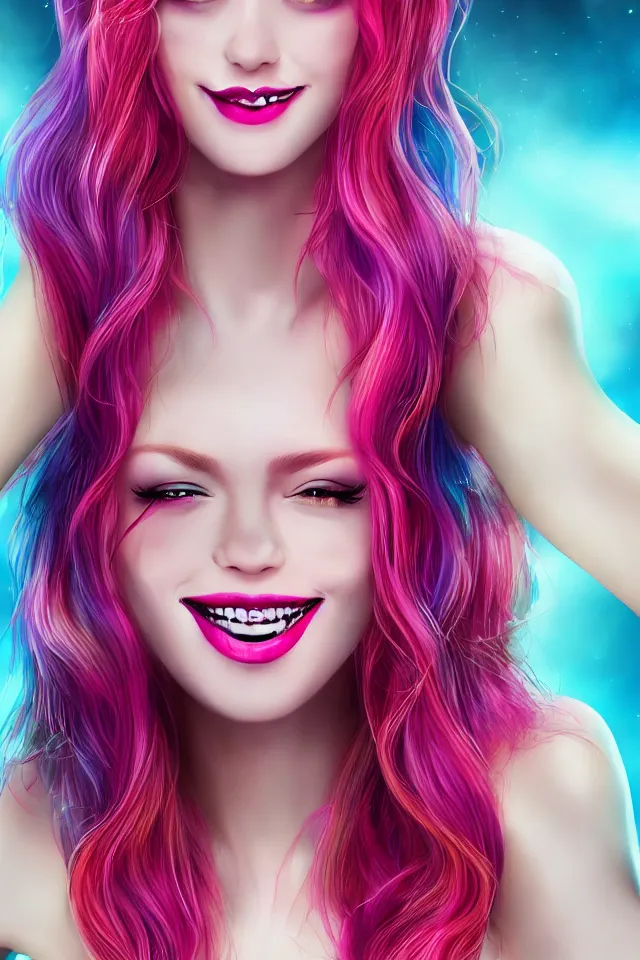 Image similar to ultra realistic portrait of a hot witch , colorful hair, pink lips, gorgeous smile, stunning, hottest, 8K resolution, deviantart,