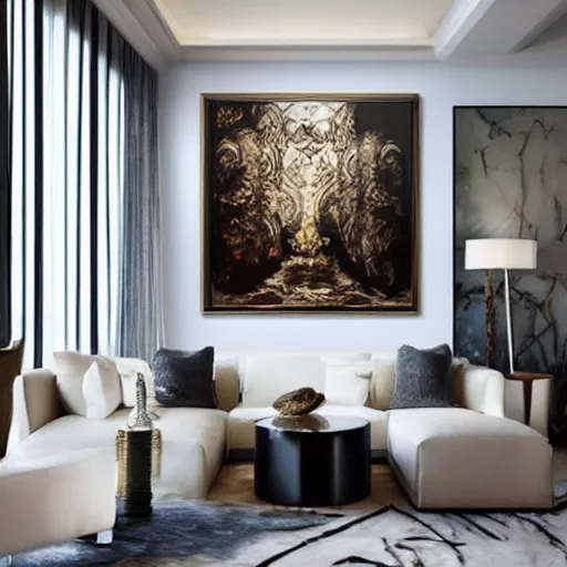 Prompt: mockup photo of luxury contemporary interior with large paintings for rich collectors, trending on pinterest, ultra - realistic sharp hdr cinematic lighting 8 k