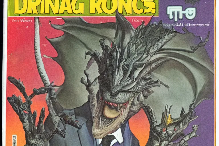 Prompt: 1 9 7 9 science fiction monthly cover depicting great dragon in a suit as a news anchor talking head. perfectly symmetrical face, highly detailed, masterpiece.