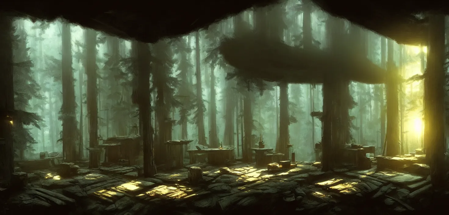 Prompt: concept art of an inside of a cabin in the woods, detailed, volumetric lighting, style of greg rutkowski