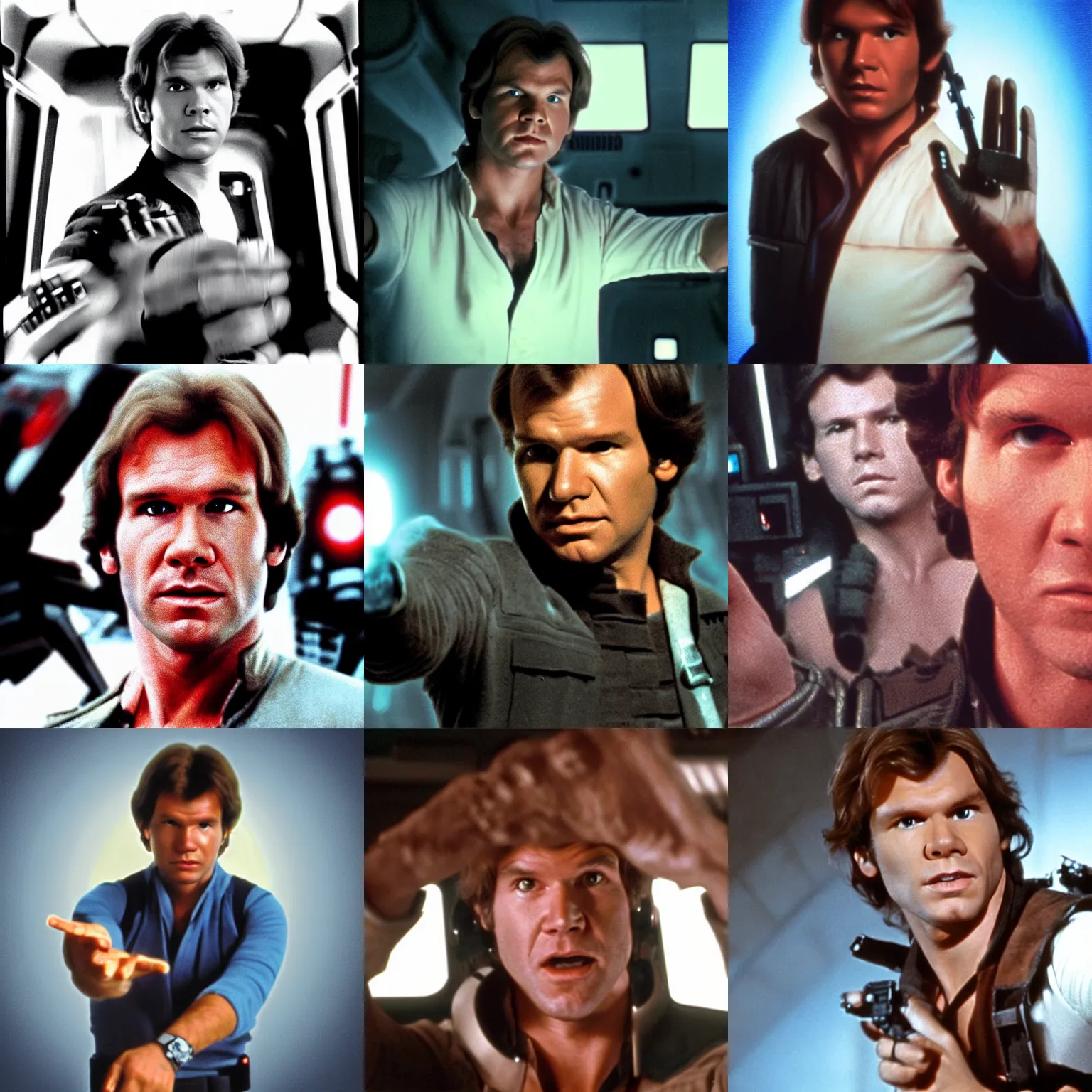 Prompt: selfi body portrait of han solo, hands behind back